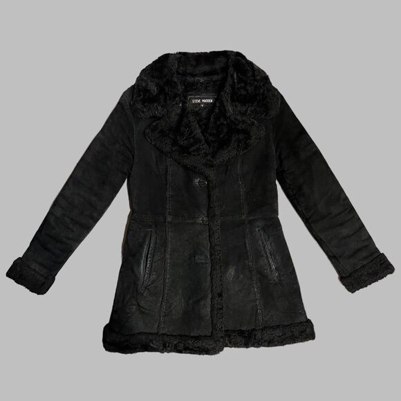 Vintage Steve Madden Leather Coat Small Black Fur Lined Y2K Suede Jacket - Picture 4 of 16